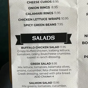 Menu- Appetizers, salads