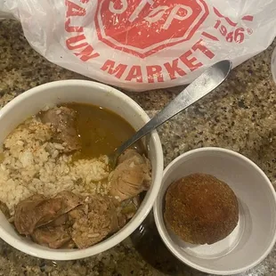 Chicken &amp; sausage gumbo and boudin ball.