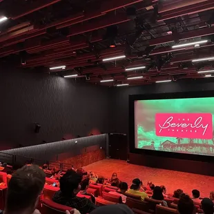 Plain theater with small-ish screen and seats on a weird temporary structure