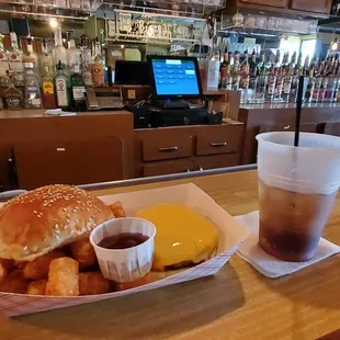 Burger and well done tots