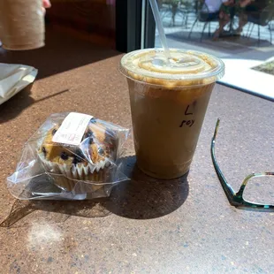 Soy latte and vegan blueberry muffin