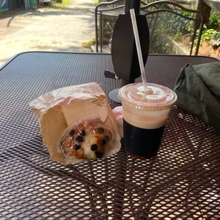 Chocolate chip vanilla yogurt muffin and nitro cold brew