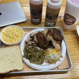 Chicken plate with potato casserole and green beans  Plus a side of macaroni n cheese and turkey