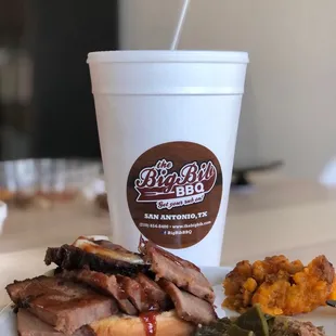 Brisket, collard greens,sweet potato casserole and sweet tea.