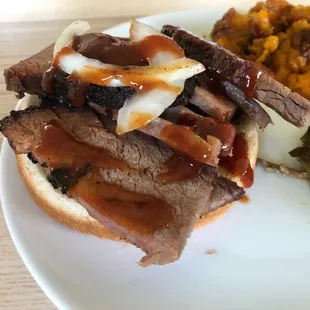 Brisket, collard greens, sweet potato casserole