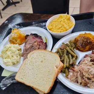Pulled pork, marbled brisket and sides