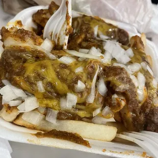 Chili cheese fries with onions