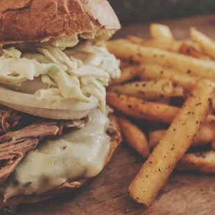 Big Easy Burger, chipotle pulled pork topped cheese burger.