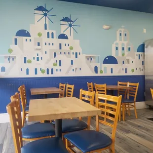 Inside seating w/ awesome wall decor