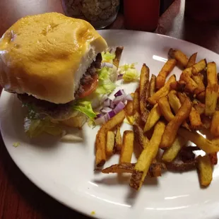 Bacon burger with fresh cut fries added