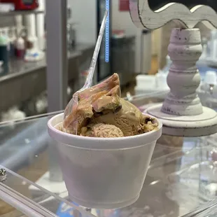 Coffee ice cream with chocolate chips and caramel