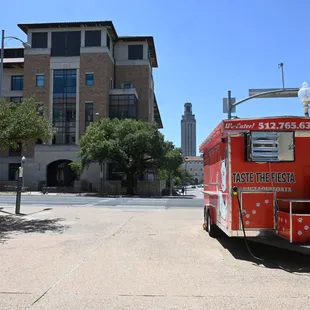 a fire truck parked in front of a building