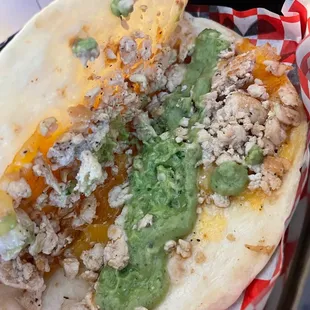 Inside the chicken n cheese quesadilla