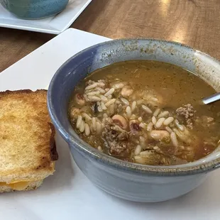 Hoppin' John Soup and a half 3 Cheese Grilled Cheese Sandwich