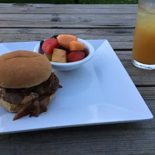 Burger and fruit tea. The fruit was really good, the burger was good.