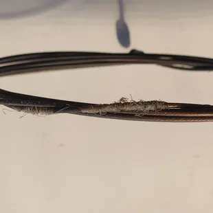 My badly frayed rear derailleur cable. It jammed solid and no shifting was possible.