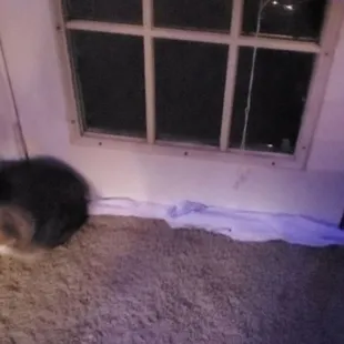 Packed plastic to avoid water from coming under the door.