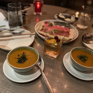 Thai Butternut squash soup- nice flavor profile  Beef carpaccio -  beautifully thin sliced