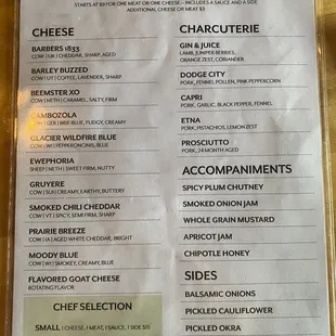 Charcuterie menu