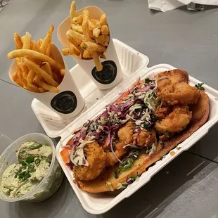 Scallion potato salad, truffle fries, shrimp po' boy