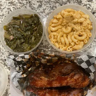 Ribs collards with smoked meat Mac n cheese