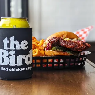 The Happier Meal - our signature sandwich with fries, a beer, and a souvenir koozie