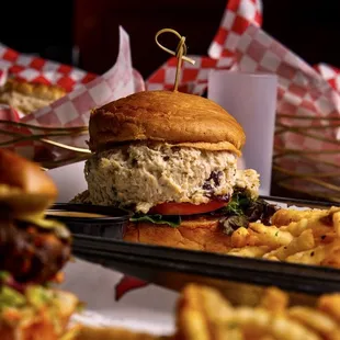 a chicken salad sandwich and fries
