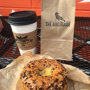 Chai latte &amp; a Breakfast Sandwich (Everything Bagel w/ sausage)!