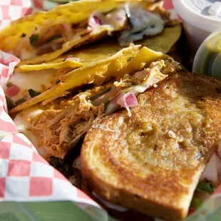 Chicken Quesabirria Tacos, Birria Grilled Cheese, and Sauces