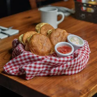 Biscuit Basket with Homemade Strawberry Freezer Jam and whipped butter