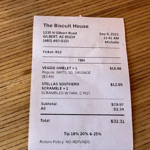 Receipt for two. I did not know that the sausage I added to my omelette would be $3.50.