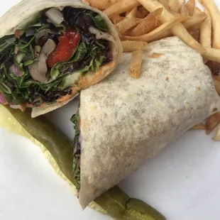 Veggie Wrap with fries extra crispy.