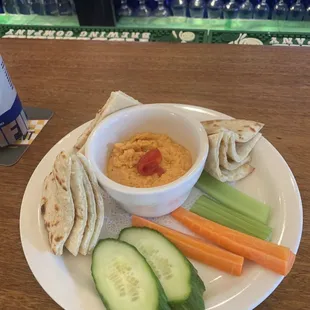 Roasted Red Pepper Hummus Served with Pita and Veggies