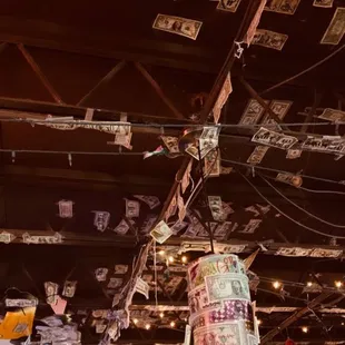 money hanging from the ceiling