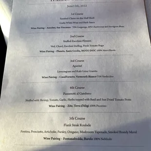 Menu for the dinner