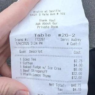 Receipt showing she added a mystery dessert that no one ordered ... terrible service