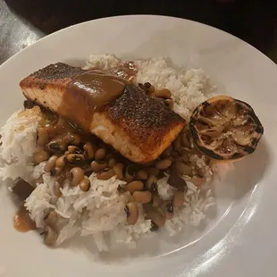 Blackened, salmon, blackeye, peas, and rice