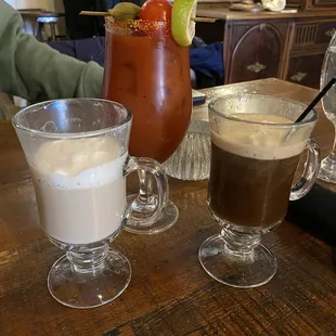 L to R: coffee with Bailey&apos;s, bloody Mary, coffee with Kahlúa