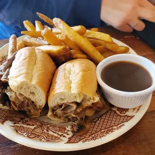 Prime rib sandwich with Au jus dipping sauce.