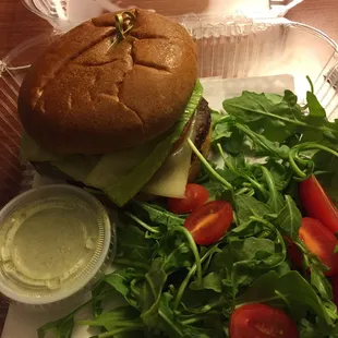 Bistro burger with arugula salad and green goddess dressing