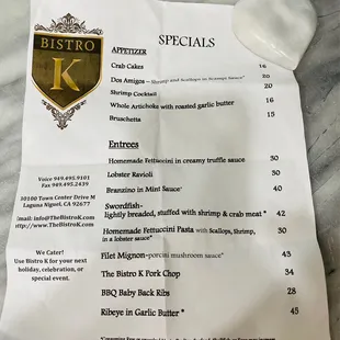 BISTRO K, Laguna Niguel, California!  Katia's Neighborhood Bistro!  (1/17/2022 Dinner Specials Menu)