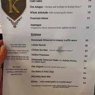 BISTRO K, Laguna Niguel, California!  A Wonderful Family Run Italian Neighborhood Bistro HOT Spot!  (12/20/2021 SPECIALS Menu)