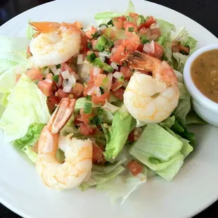 Salad with pico de gallo topping, side of salsa, grilled shrimp!