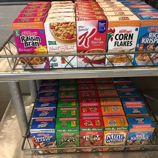 a variety of cereal boxes
