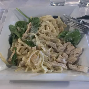 Chicken Alfredo with spinach.