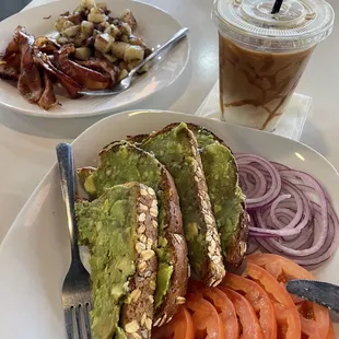 Avo toast, caramel machiatto, side of bacon and potatoes