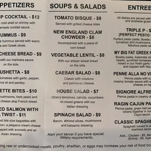Apps &amp; Entrees menu 7/2024