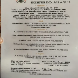 Appetizer, sandwich, and burger menu