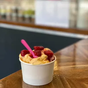 MANGO STRAWBERRY ice cream. If you're counting calories now worries, it's filled with fruit and this is a judgment free zone!