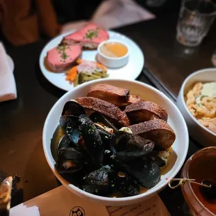 Steamed Mussels and Chicken Liver Toast in the back around